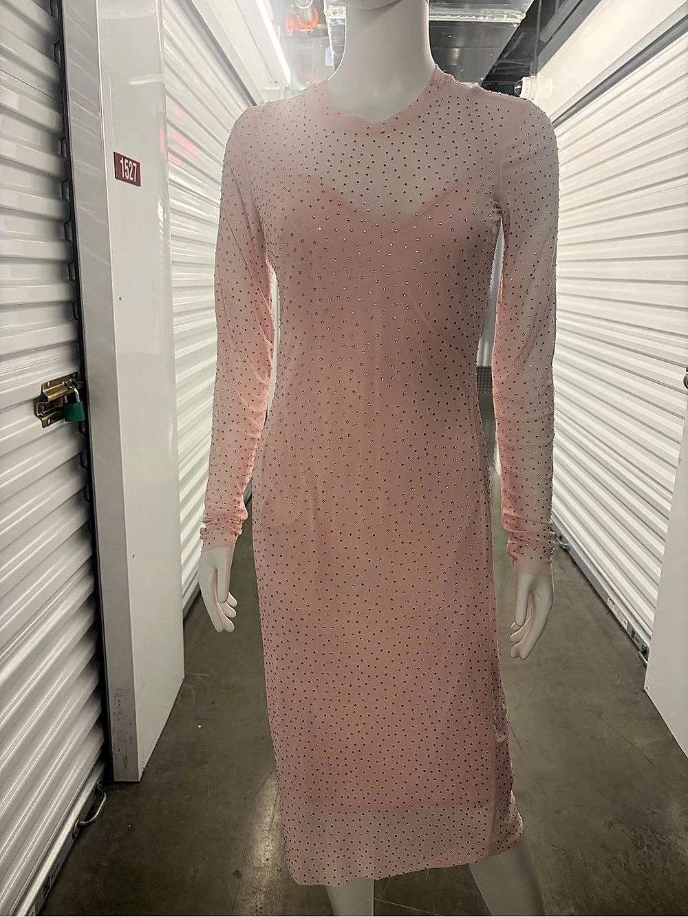 AFRM PINK RHINESTONE LONG SLEEVE MIDI DRESS